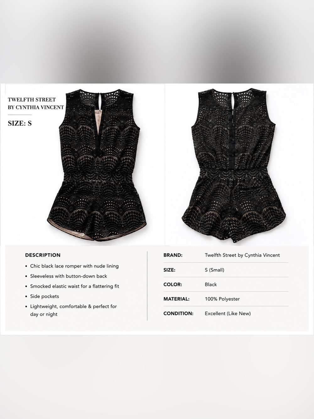 Twelfth Street by Cynthia Vincent Black Lace Overlay Romper with Nude Lining
